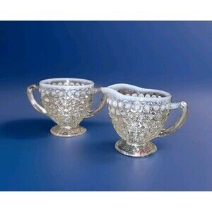 Anchor Hocking Moonstone Opalescent Hobnail Footed Creamer & Sugar Glass 2pc Set